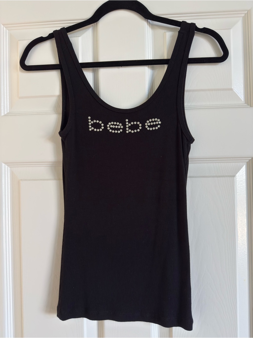 bebe Black Rhinestone Logo Ribbed Tank